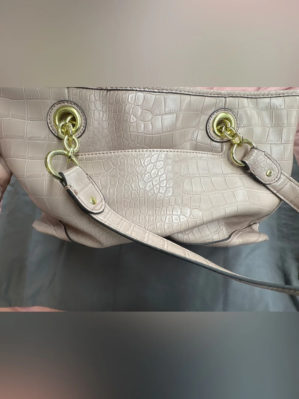 Liz Claiborne Y2K Blush Pink Croc Embossed Tote Shoulder Bag Gold Hardware